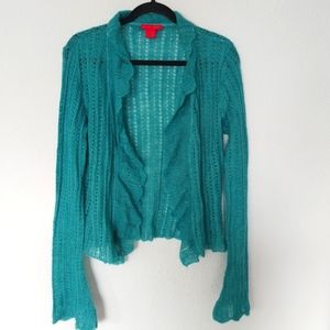 Sunny Leigh Teal Wool Blend Pointelle Knit Open Cardigan with Scalloped Edges
